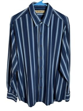 Tommy Bahama 100% Silk Striped Button Down Shirt Blue Men’s LG